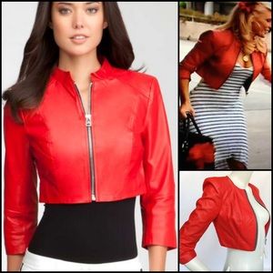 Bebe Cropped Red Leather Moto Jacket